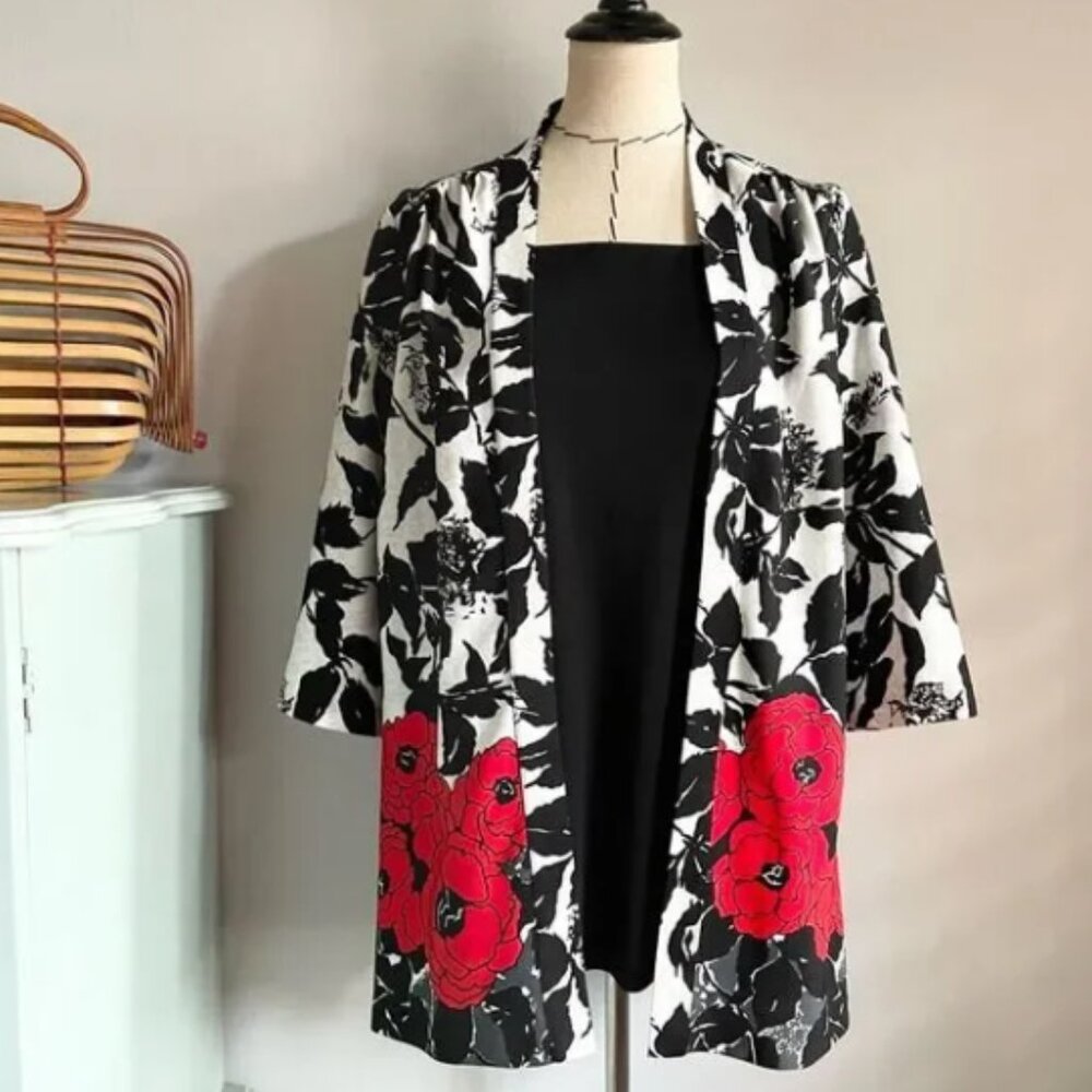Top Notch Faux Twinset Stretch Cardigan Blouse Red Carnation Print Black‎ White
